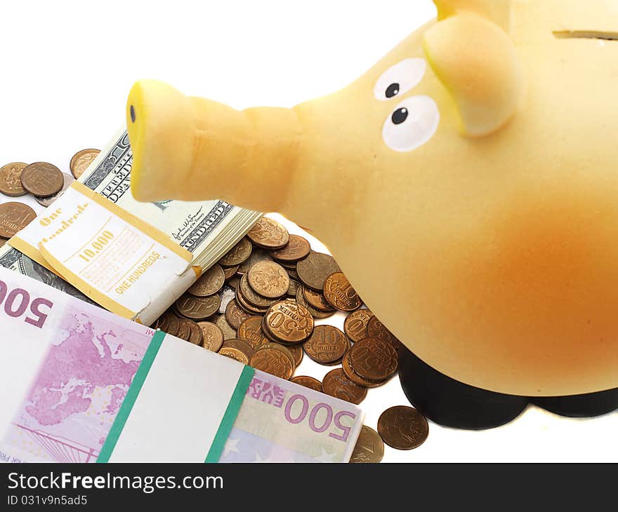 Ceramic piggy bank on white background