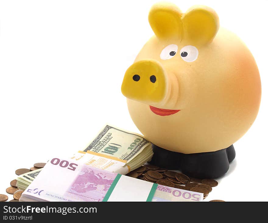 Ceramic piggy bank on white background