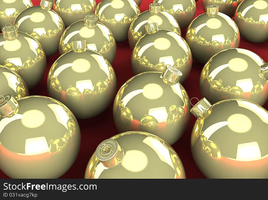 Gold Christmas balls sitting on a red surface