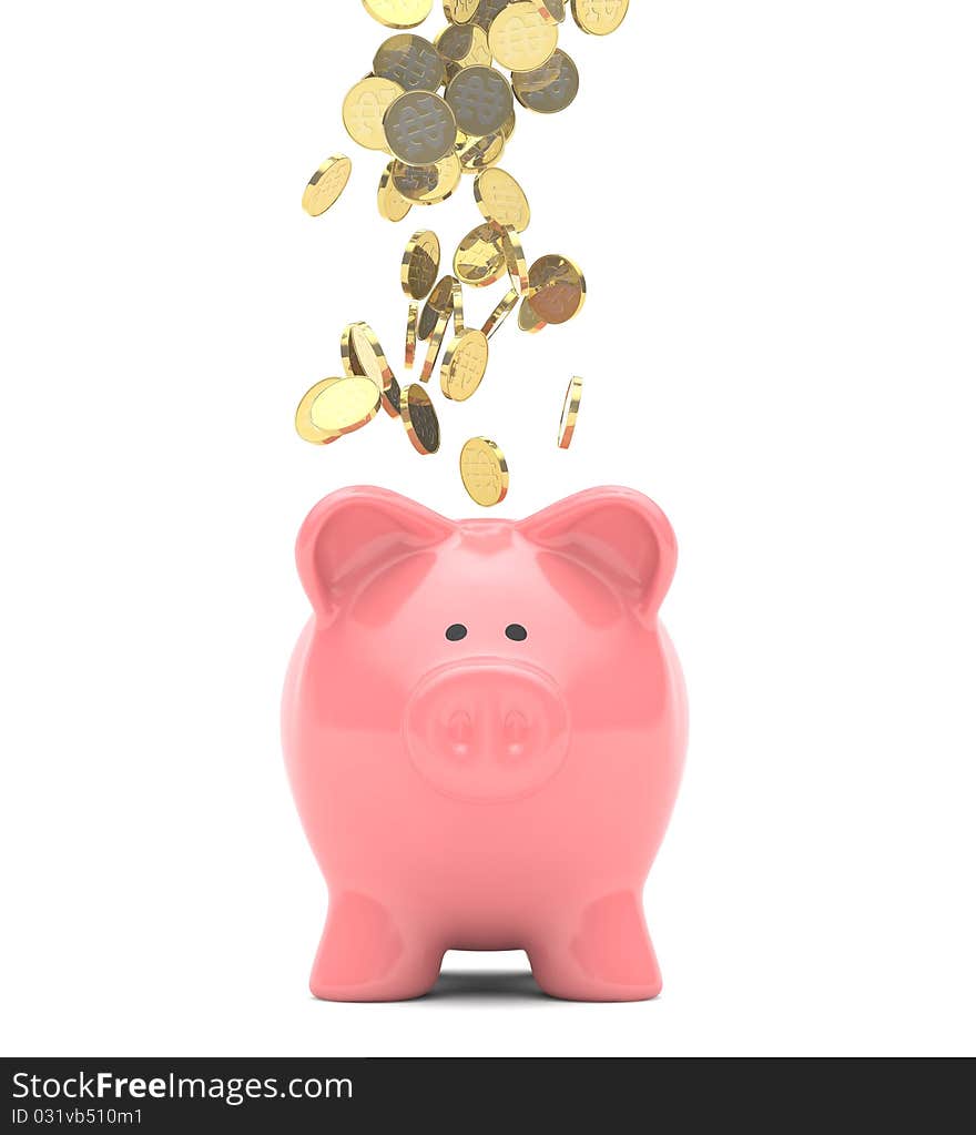 Gold coins raining down onto a pink colored ceramic piggy bank. Gold coins raining down onto a pink colored ceramic piggy bank.