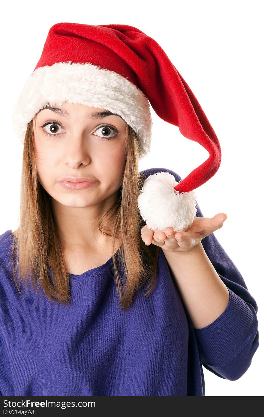 Beautiful girl in red Santa hat