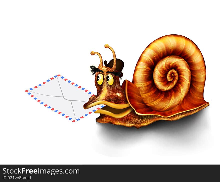 Snail isolated on a white background is associated with slow mail. Snail isolated on a white background is associated with slow mail