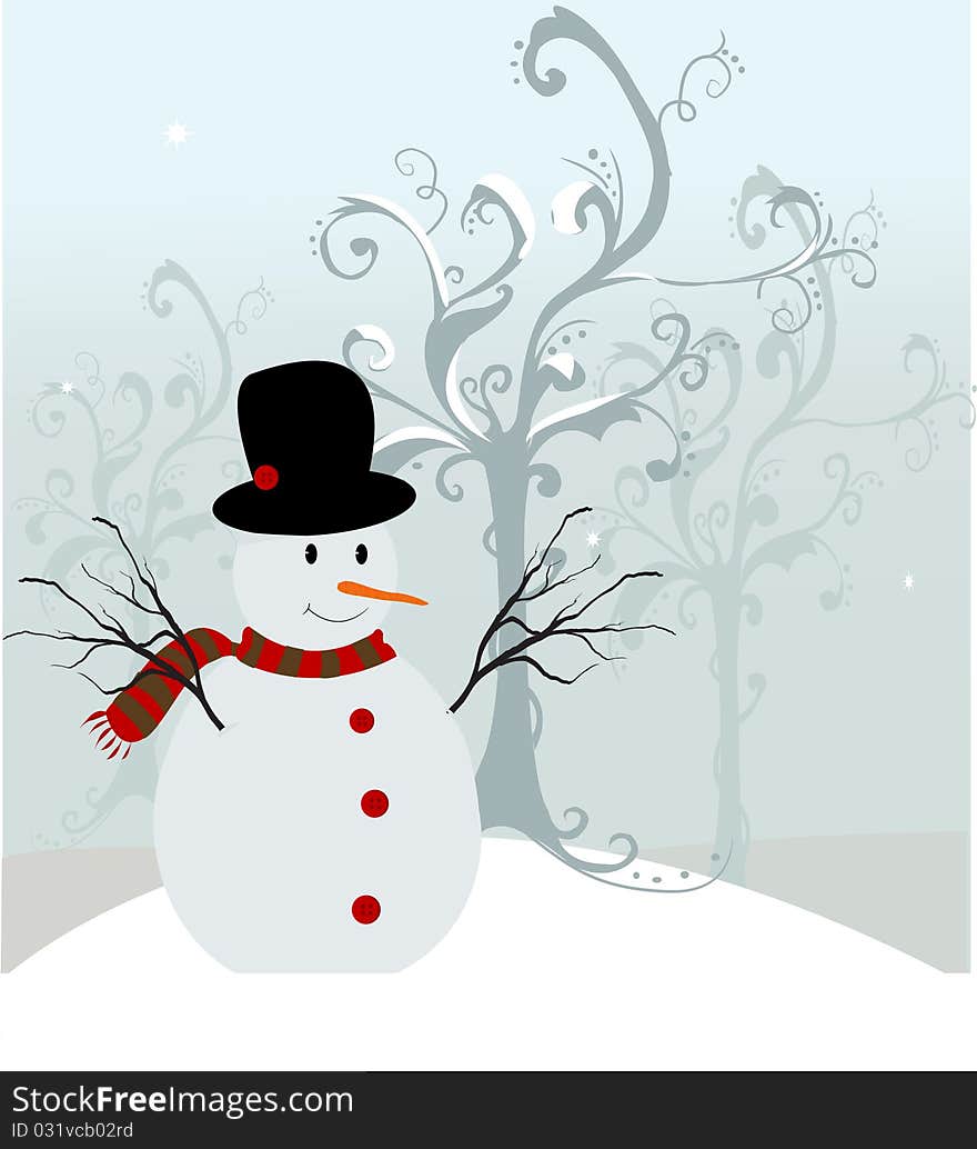 Happy snowman and tree, christmas card