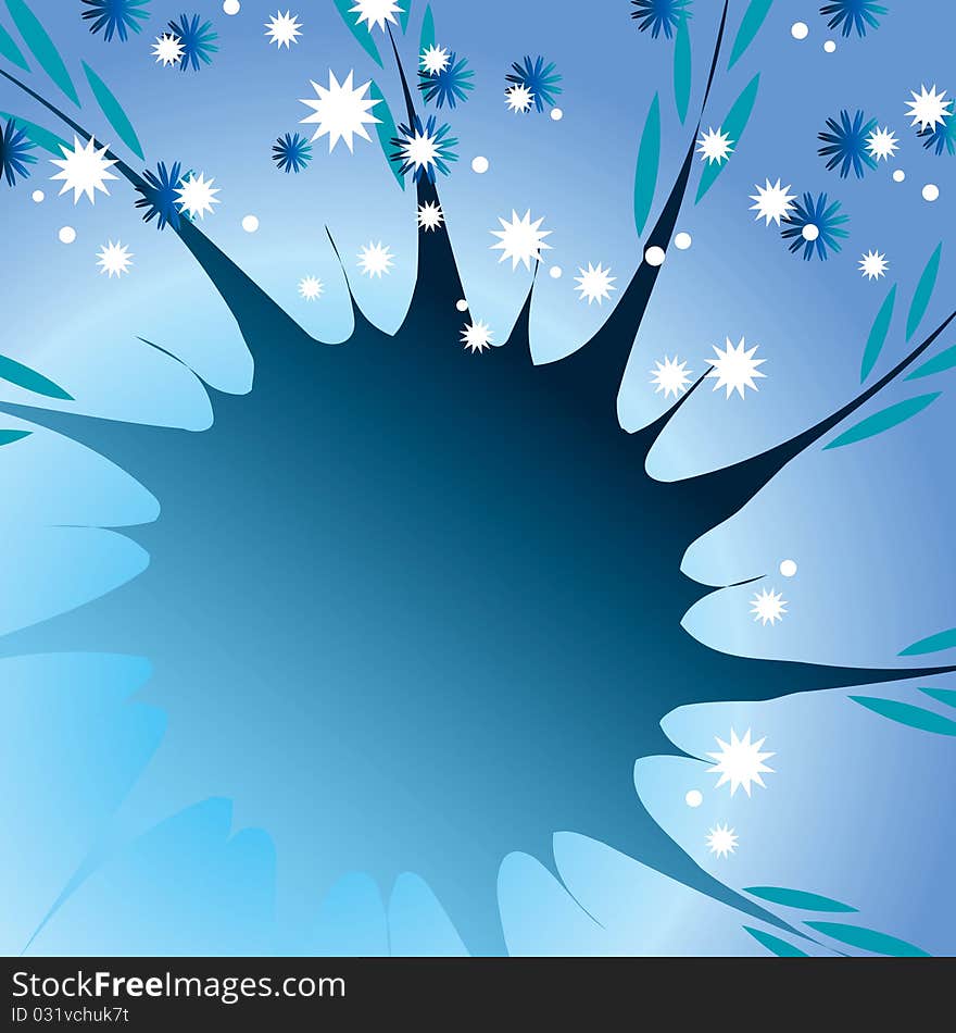 Abstract blue background with flowers and stars