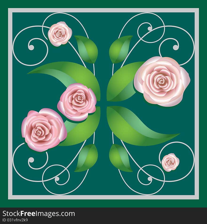 Element of a flower ornament on a green background, in a square, roses. Element of a flower ornament on a green background, in a square, roses