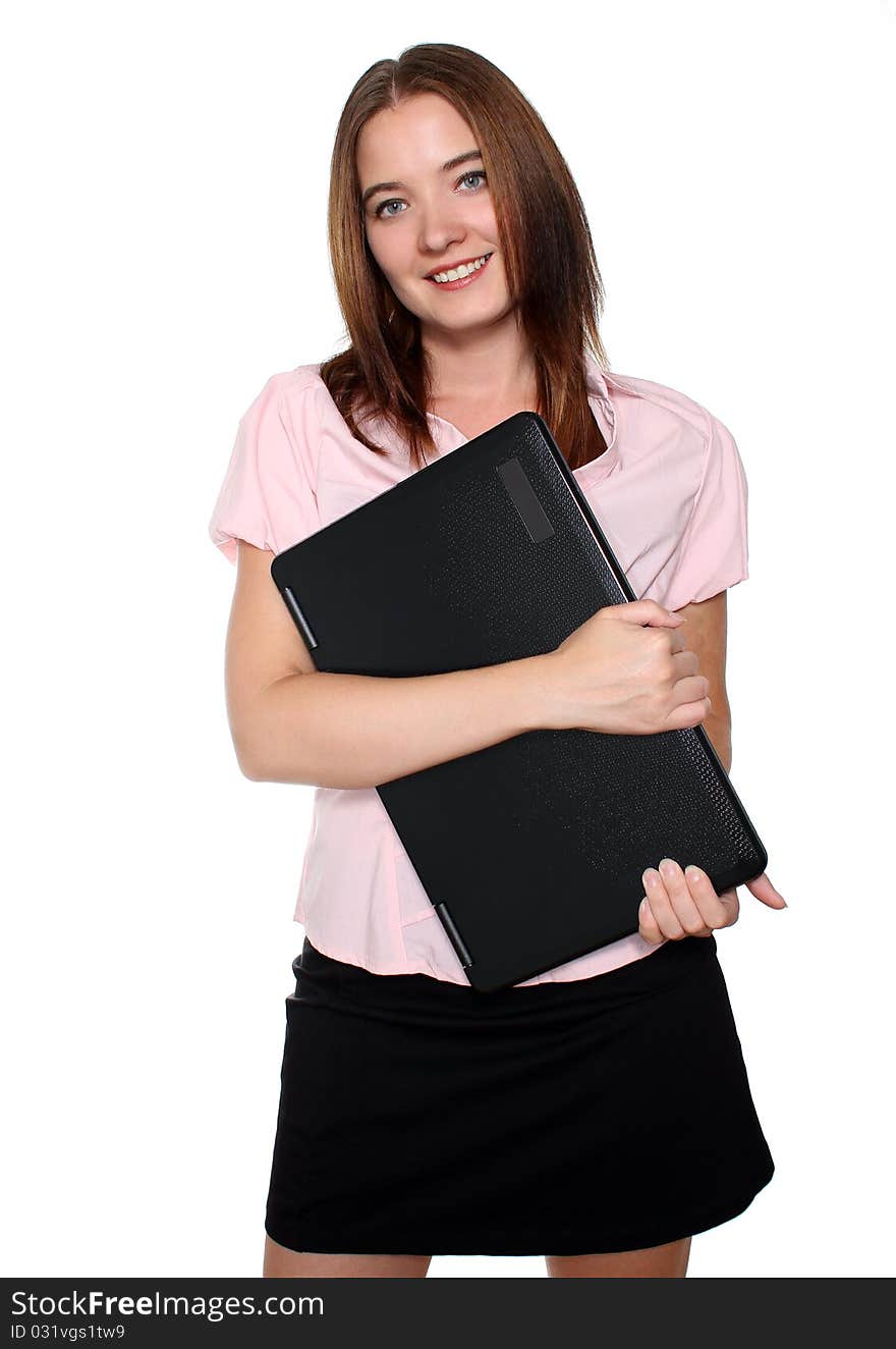 Beautiful librarian holding a laptop