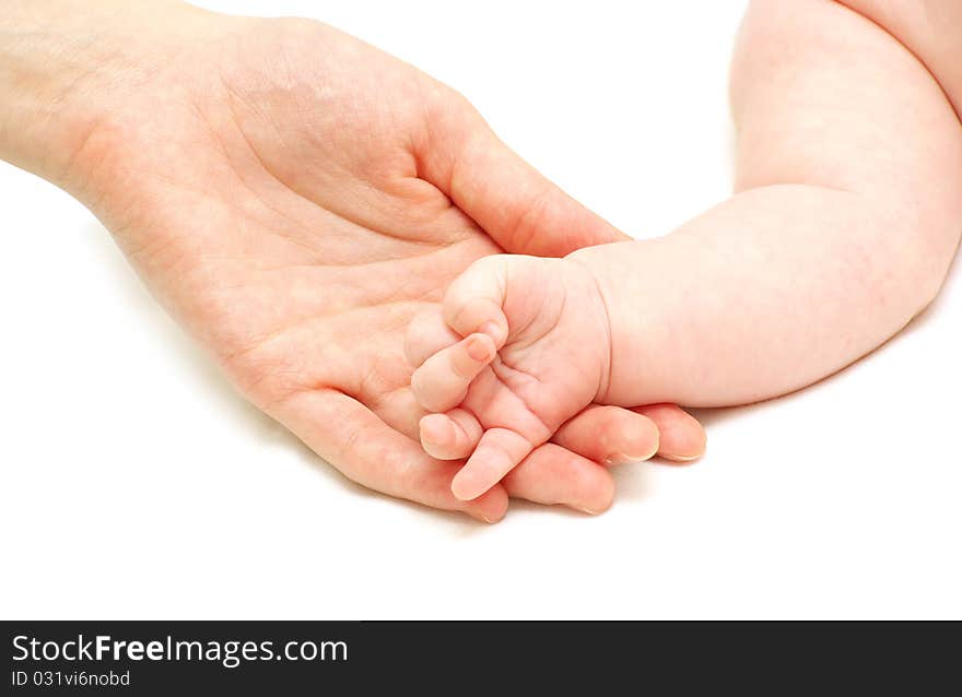 Baby hand holding mother finger isolated on white