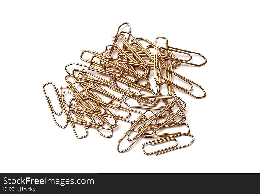 Group of paperclips closeup on white background