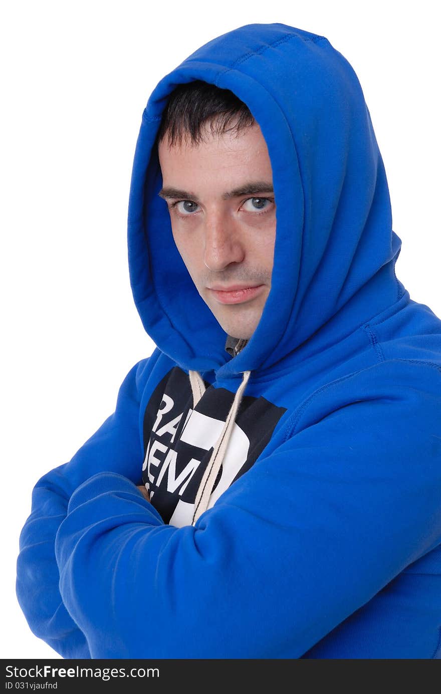 Photograph showing male in blue hooded top isolated against white