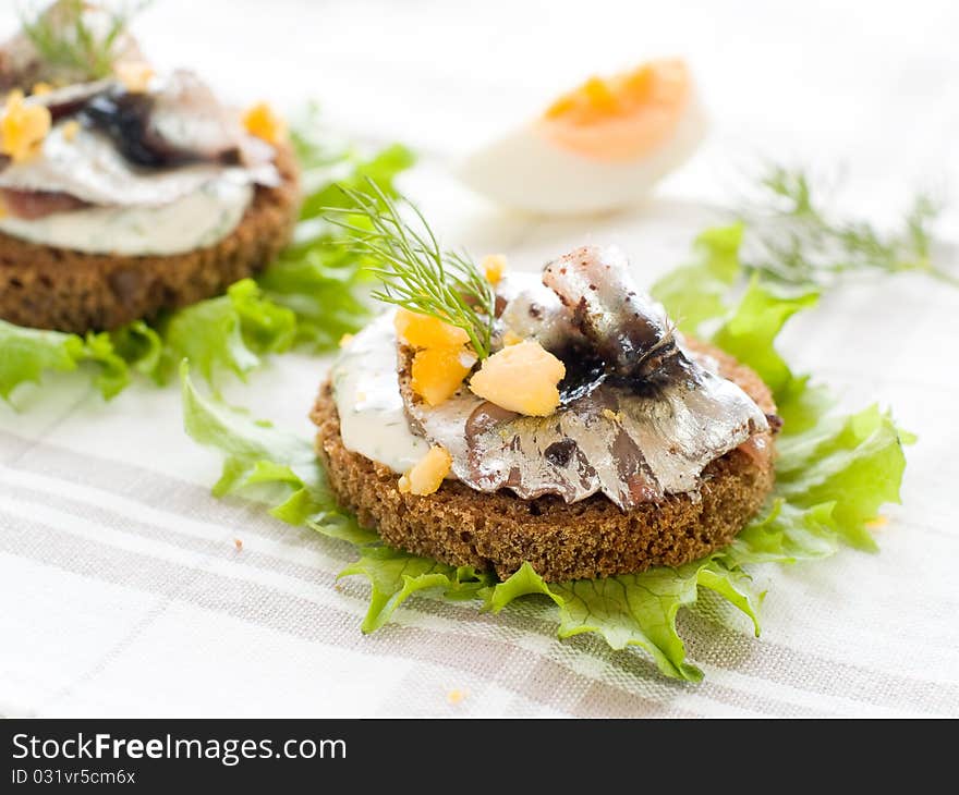 Anchovy canapes garnished with dill and yolk. Anchovy canapes garnished with dill and yolk