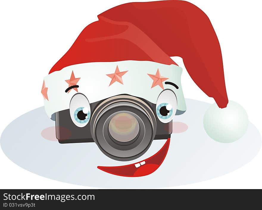 Vector drawing smiling camera in a red cap. Vector drawing smiling camera in a red cap