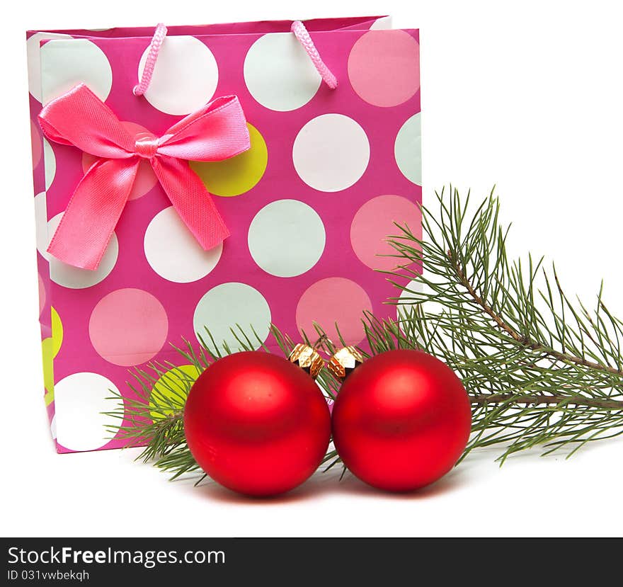 Gift bag and New Year's balls isolated on white background