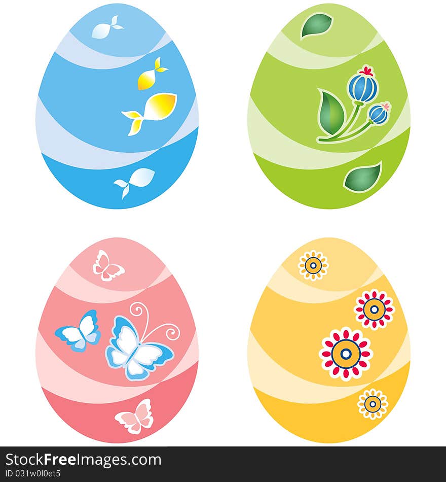 The Easter painted eggs,  four variants of color:  green, yellow, pink, blue. The Easter painted eggs,  four variants of color:  green, yellow, pink, blue