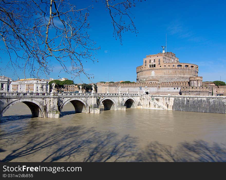 Rome: castle Saint Angelo, tomb of Roman emperor Hadrian and the old bridge on Tiber river