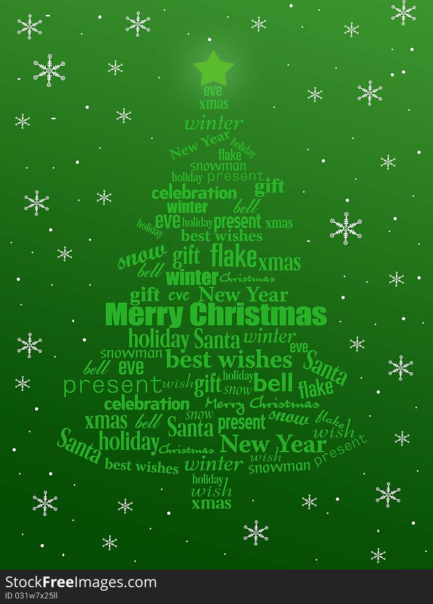 Christmas tree made of Christmas words on green and snowflakes -  illustration. Christmas tree made of Christmas words on green and snowflakes -  illustration