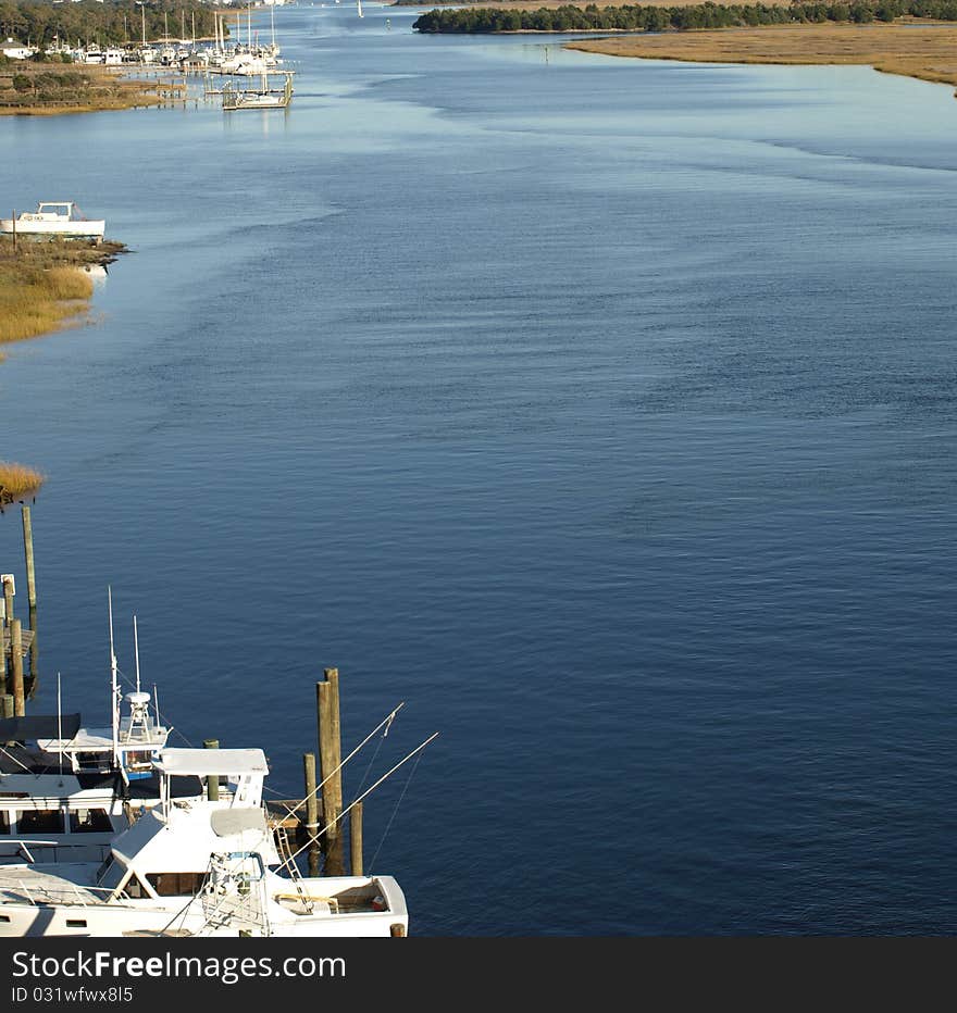 View of the boats along the intracoastal waterway from the Oak Osland Bridge. View of the boats along the intracoastal waterway from the Oak Osland Bridge