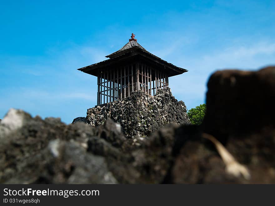 A unique rocky temple in landscape mode with blue sky