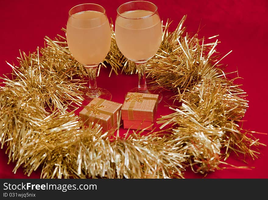 Christmas decorated with wine on gold background . Christmas decorated with wine on gold background .