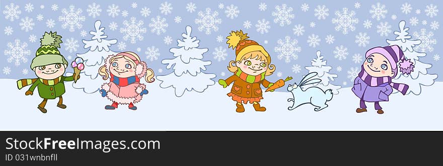 Christmas illustration of little children playing around a spruce in snow. Christmas illustration of little children playing around a spruce in snow