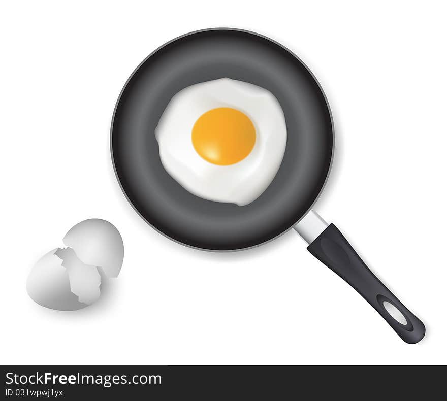 Fried egg on frying pan.