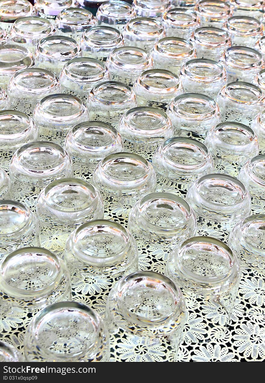 Background of many empty drinking glasses