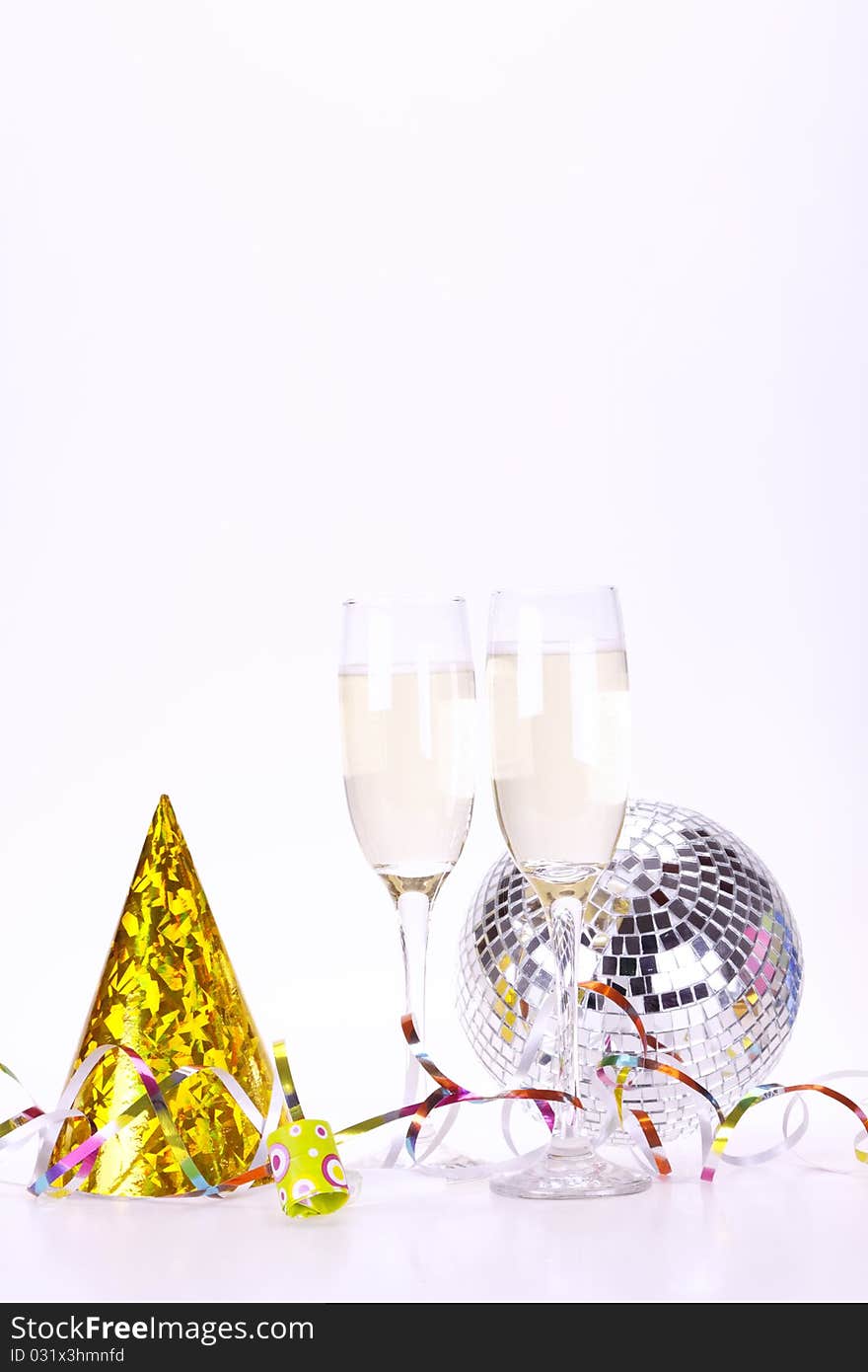 Champagne and party time on white background