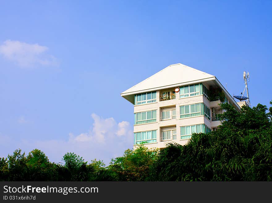 Condo high in the sky. Trees, nature With a satellite dish.