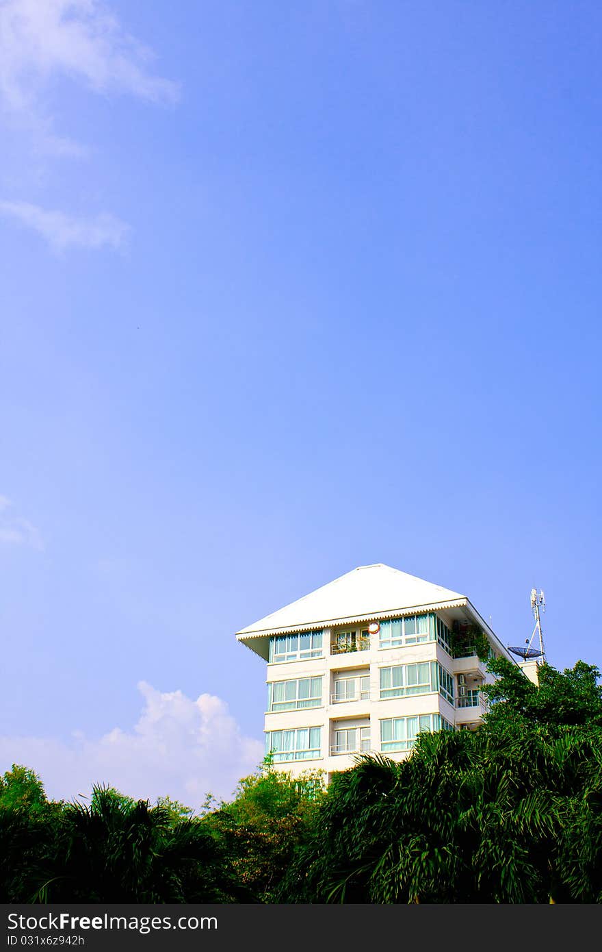 Condo high in the sky. Trees, nature With a satellite dish.