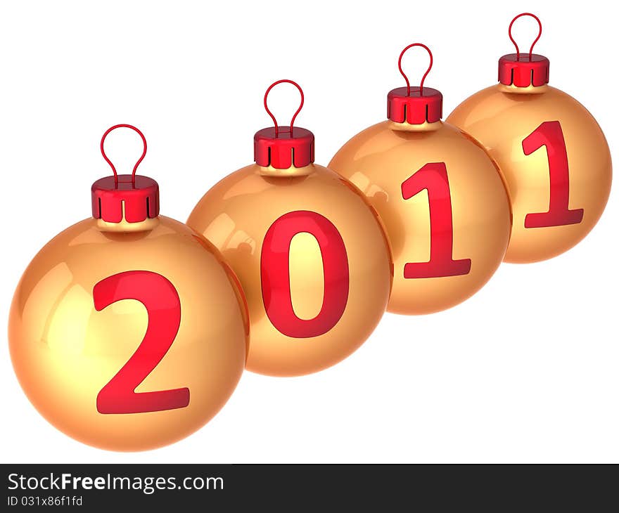 Golden Christmas balls with red 2011 date written on them in a horizontal row. Modern Xmas decoration bauble. This is a detailed 3d render (Hi-Res). Isolated on white background. Golden Christmas balls with red 2011 date written on them in a horizontal row. Modern Xmas decoration bauble. This is a detailed 3d render (Hi-Res). Isolated on white background