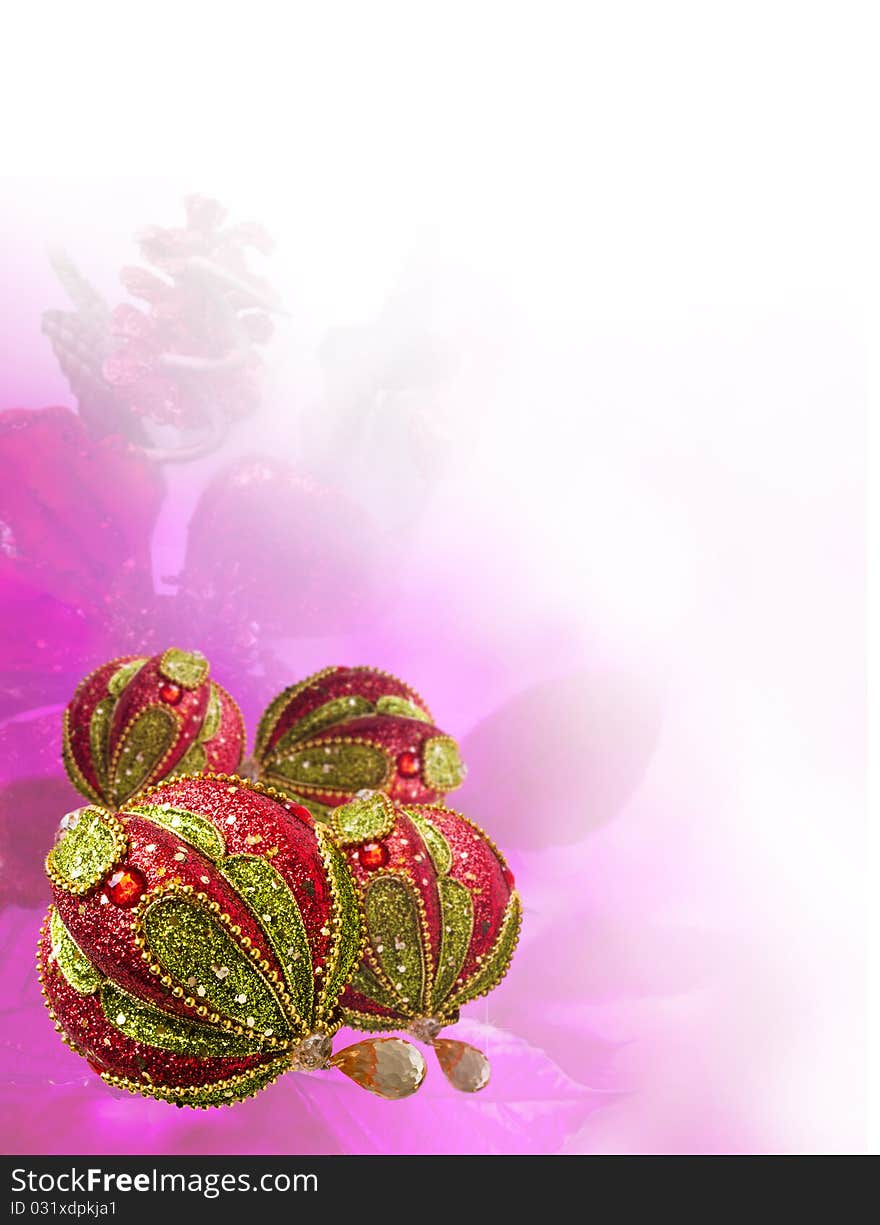 Luxury Red Christmas balls on pink flower background