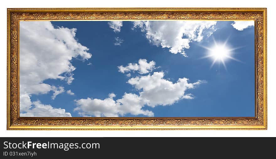 Blue sky in vintage photo frame isolated on white. Blue sky in vintage photo frame isolated on white