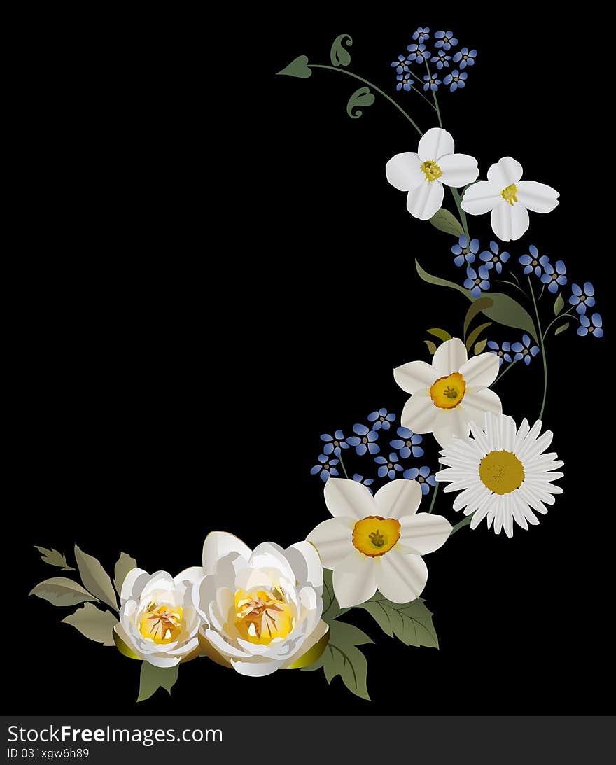 Illustration with blue and white flowers curl. Illustration with blue and white flowers curl