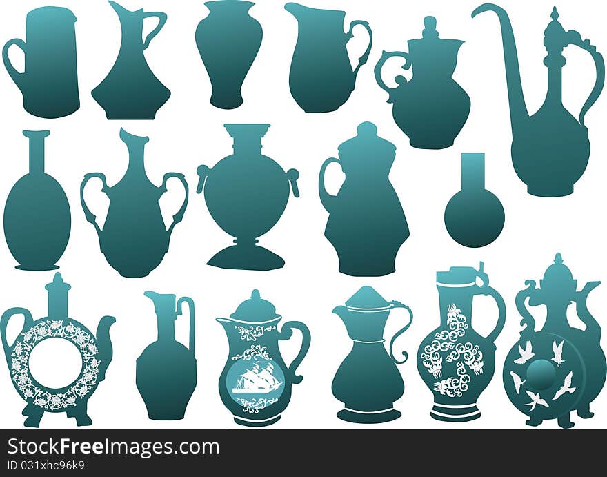 Illustration with blue jugs collection on white background