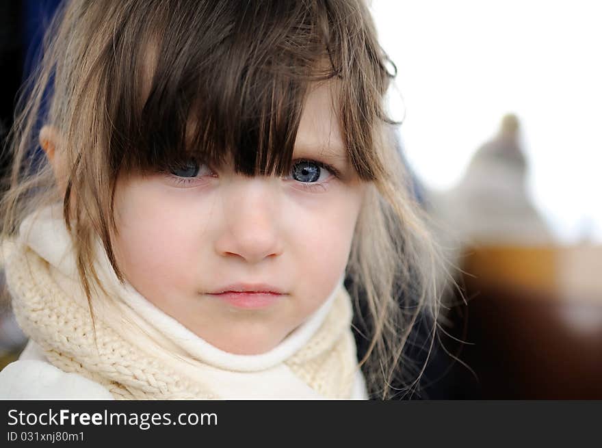 Small Girl In Winter Clothes In Old Style Train