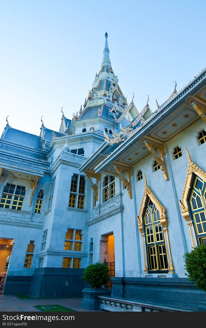 Sothorn temple in evening light at Chachoengsao province, Thailand.