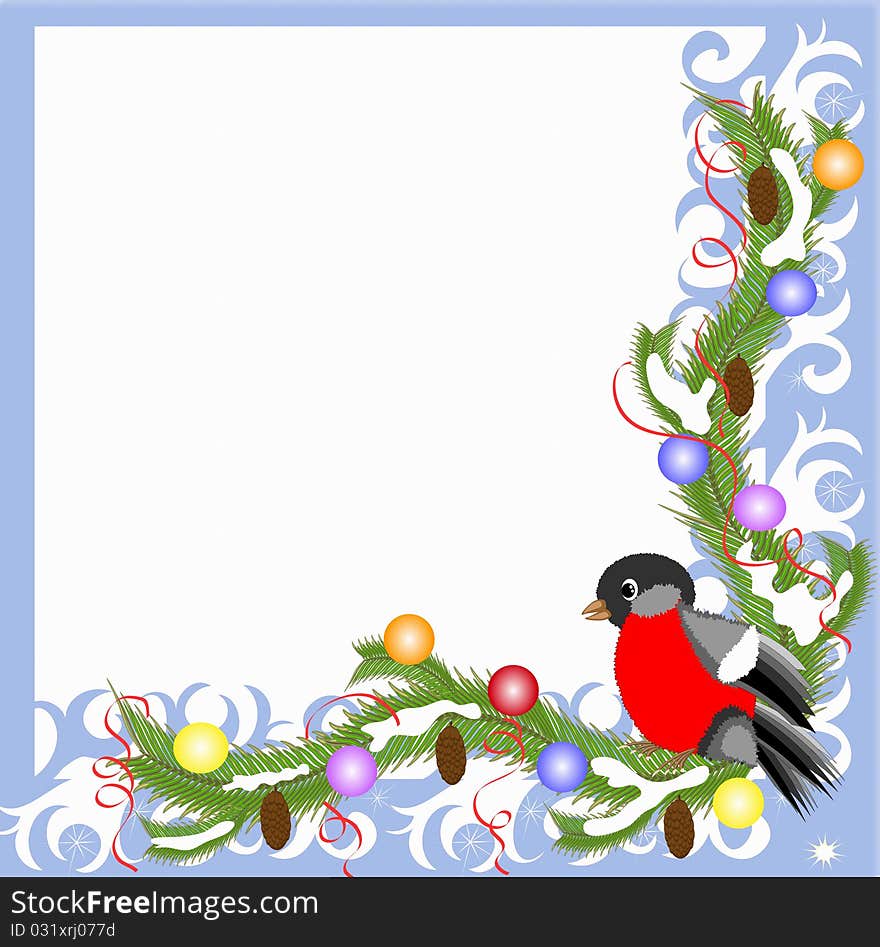 Violet frame with bullfinch ,fir tree and balls. Violet frame with bullfinch ,fir tree and balls