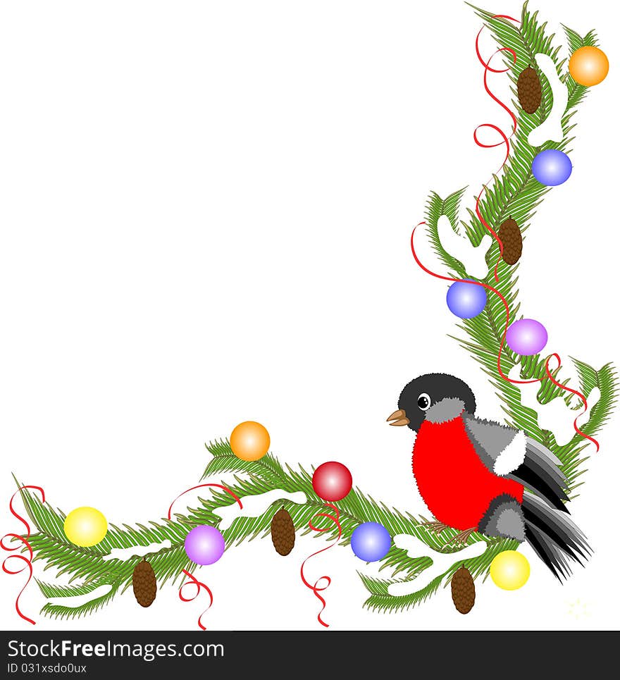 Frame with bullfinch ,fir tree and balls. Frame with bullfinch ,fir tree and balls