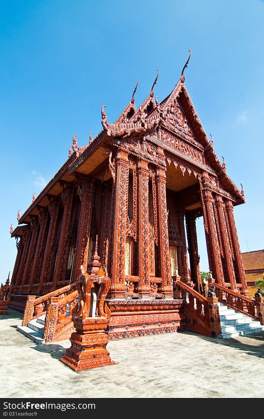 Beautiful church decorated from terra-cotta at Thai temple, Thailand.