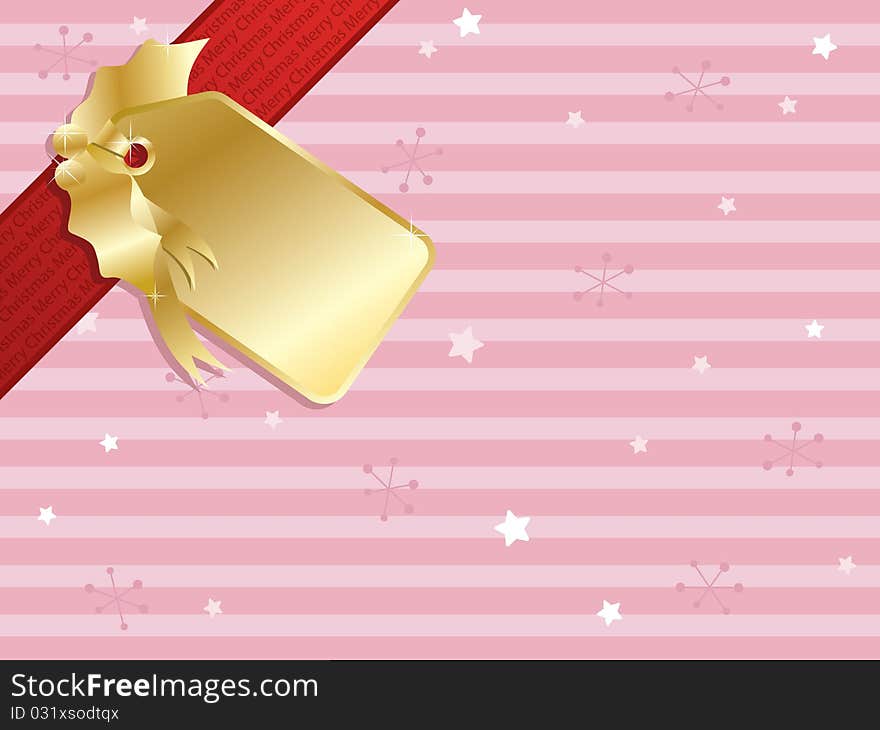 Pink christmas background with red ribbon and gold gift tag