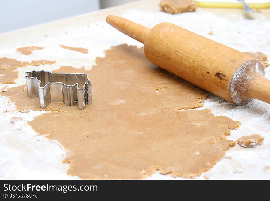 Baking gingerbread - batter, metal form and rolling-pin