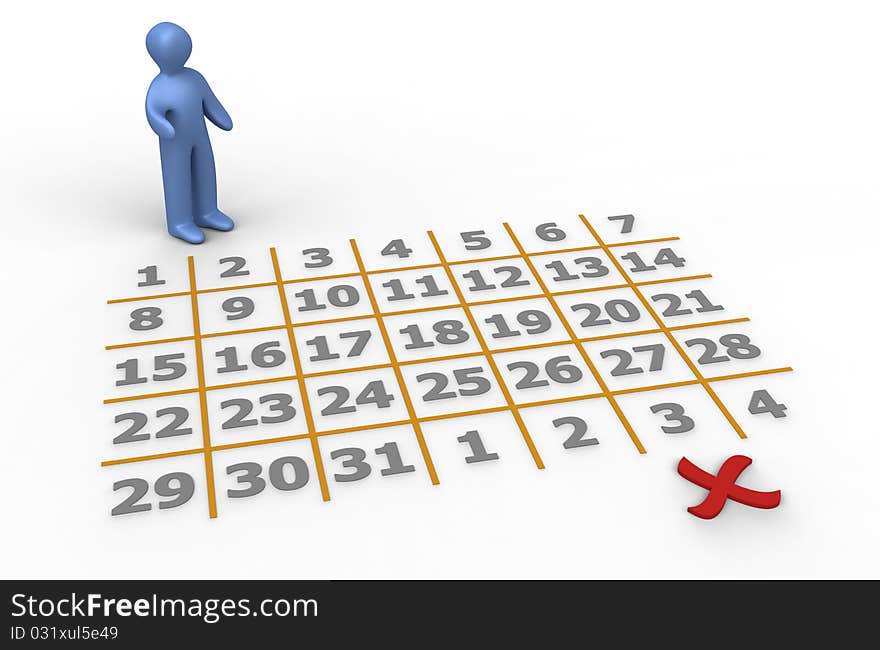 Little man with calendar isolated on white. Red rejected sign. Little man with calendar isolated on white. Red rejected sign.