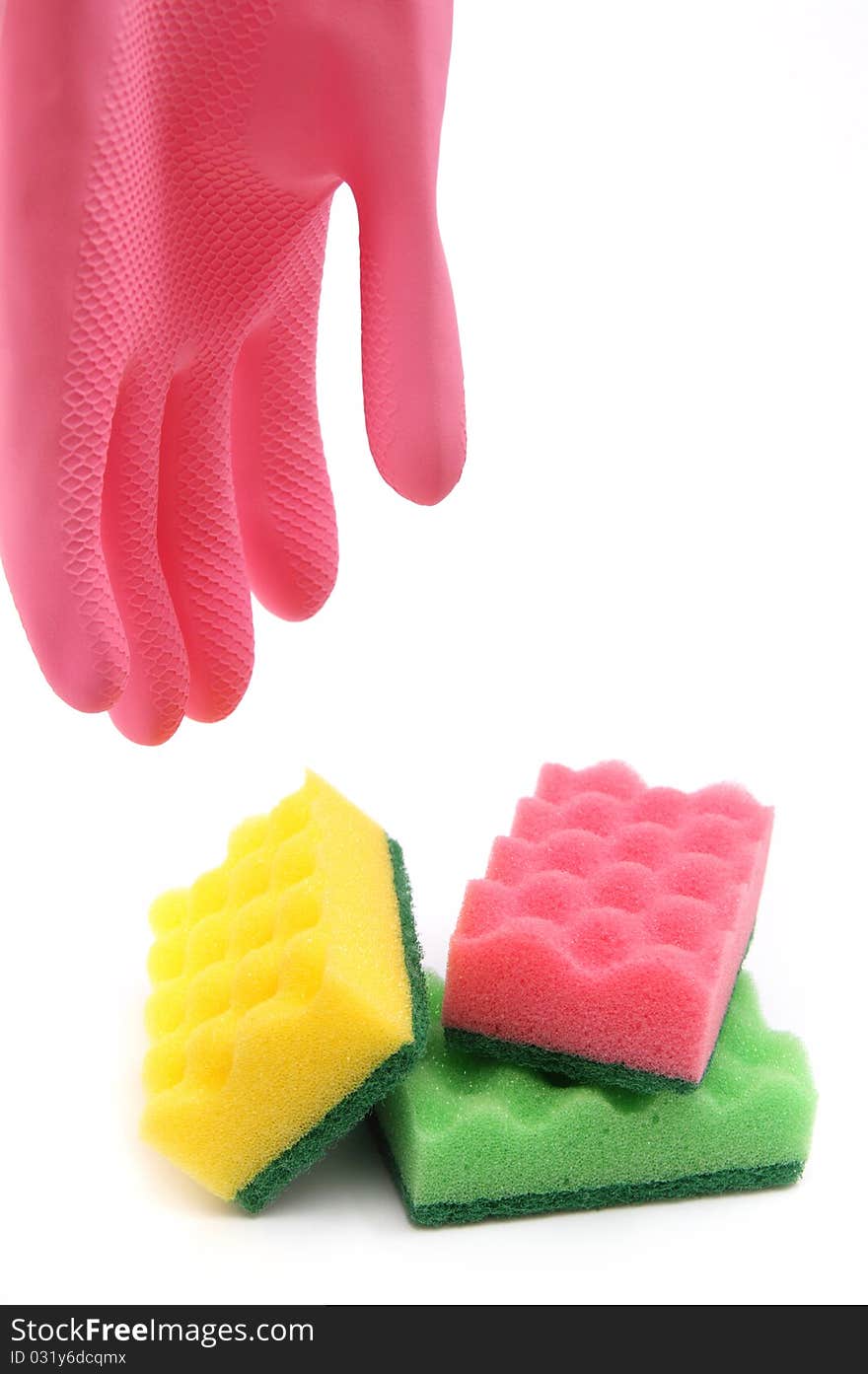 Things for house care and cleaning - colorful glove and sponges - isolated