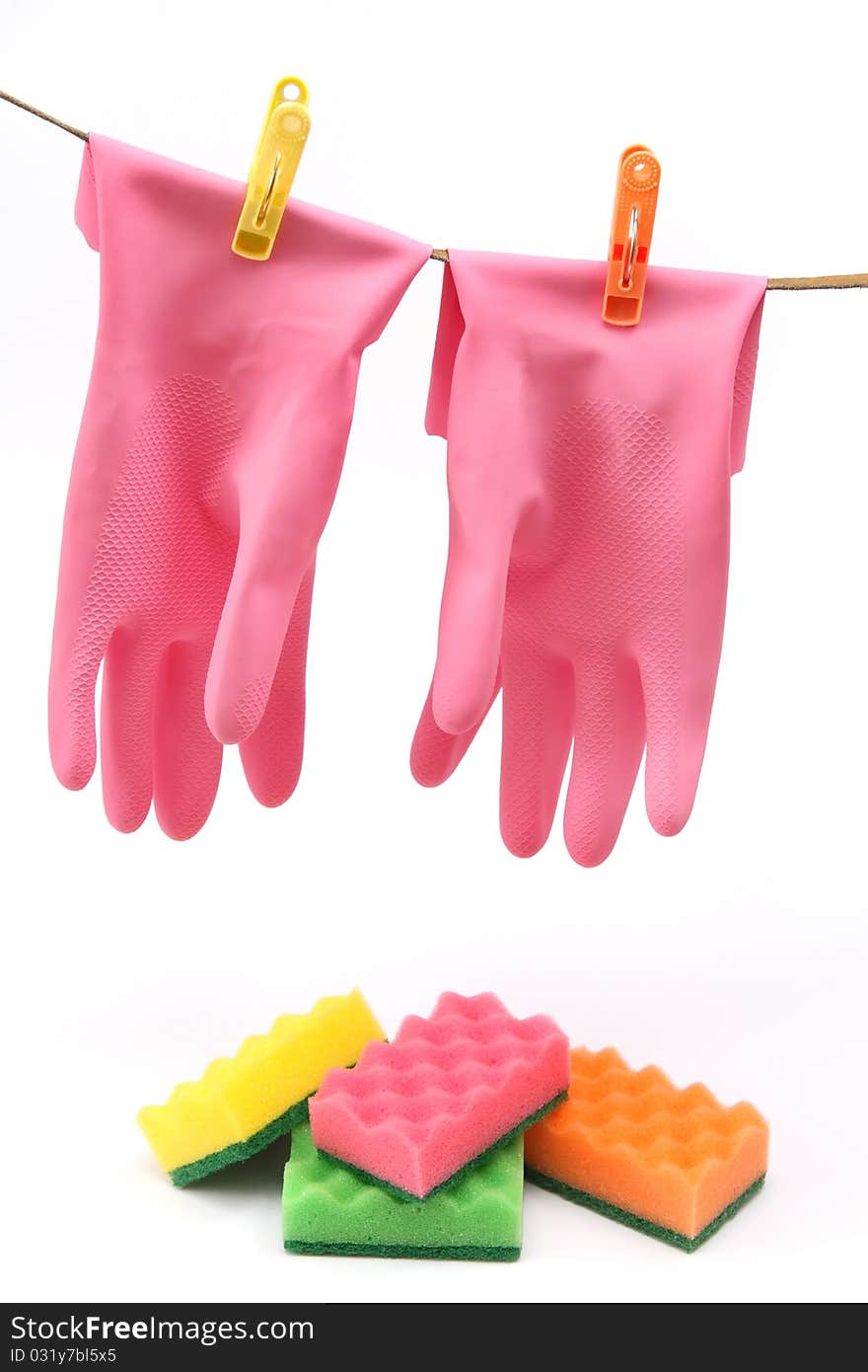 Colorful  protective gloves and sponges