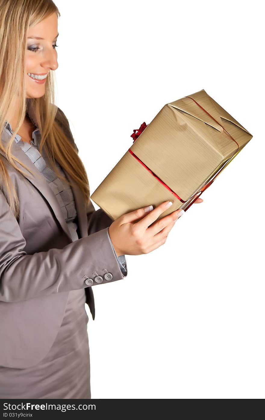 Isolated blond caucasian woman with gifts