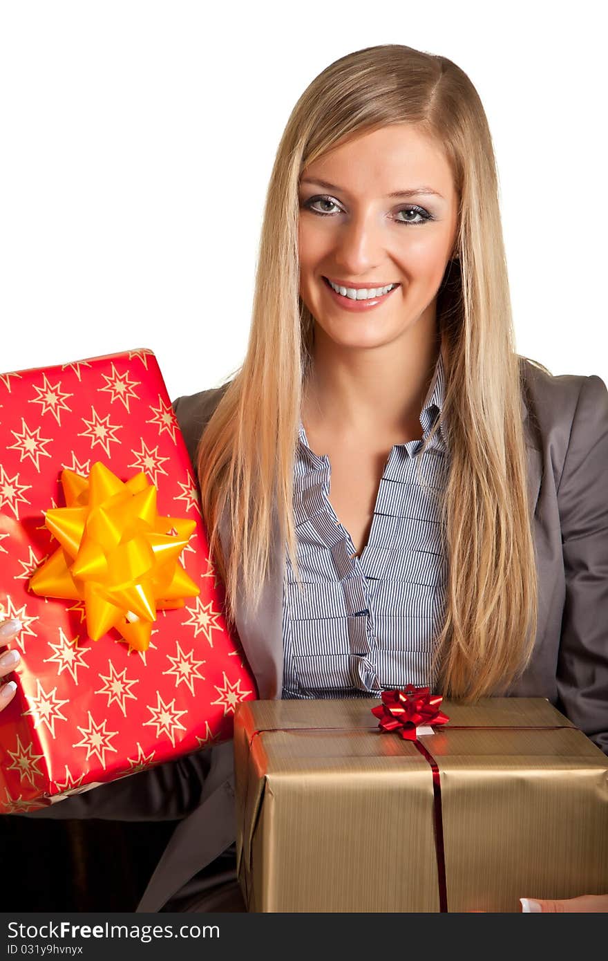 Isolated blond caucasian woman with gifts