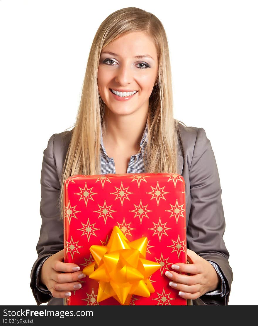 Isolated blond caucasian woman with gifts