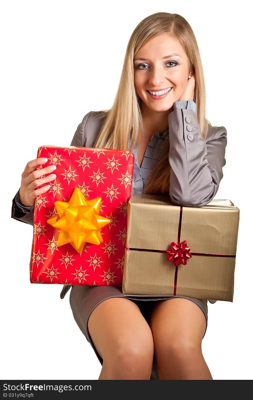 Isolated Blond Caucasian Woman With Gifts