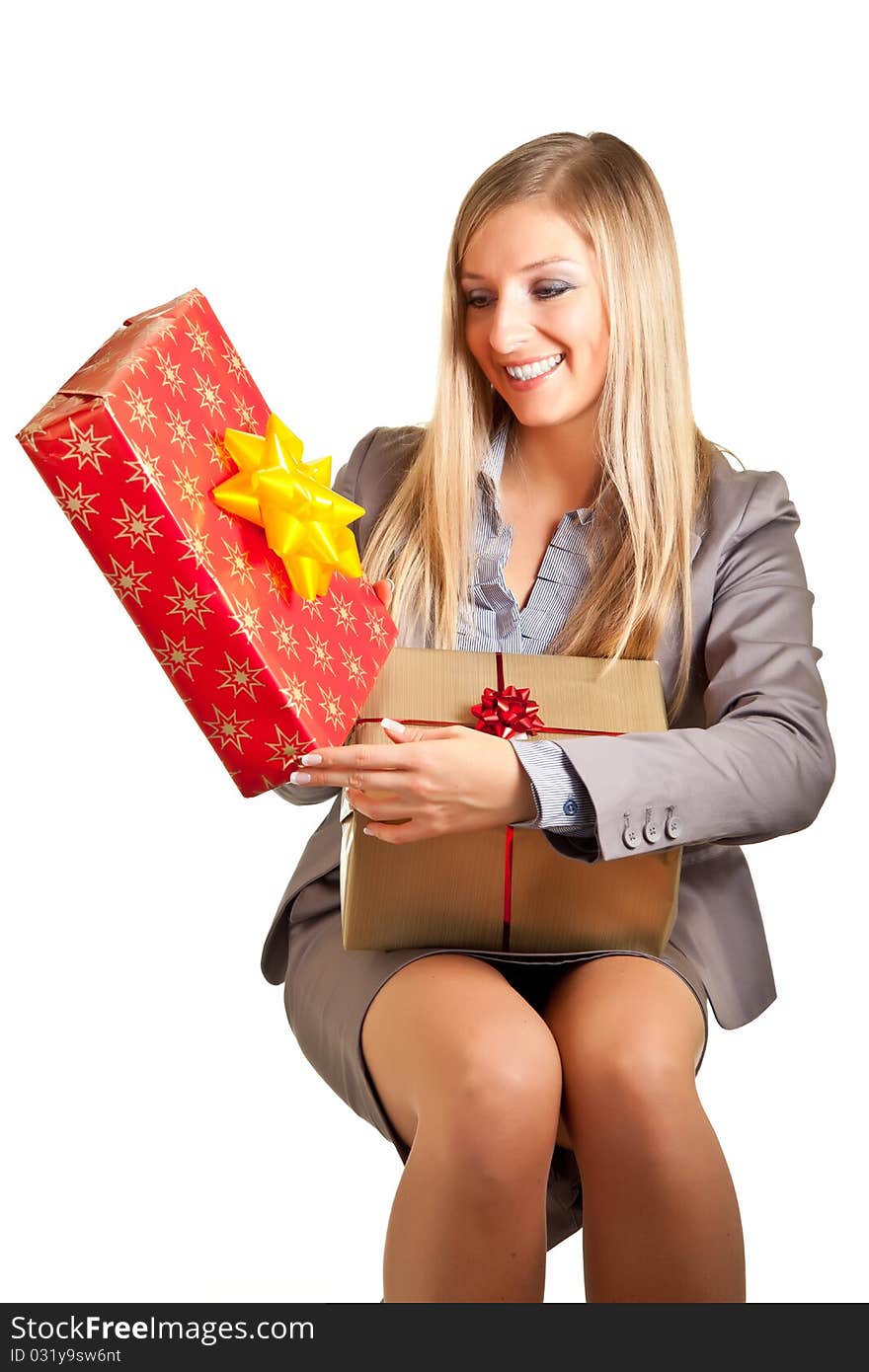 Isolated Blond Caucasian Woman With Gifts