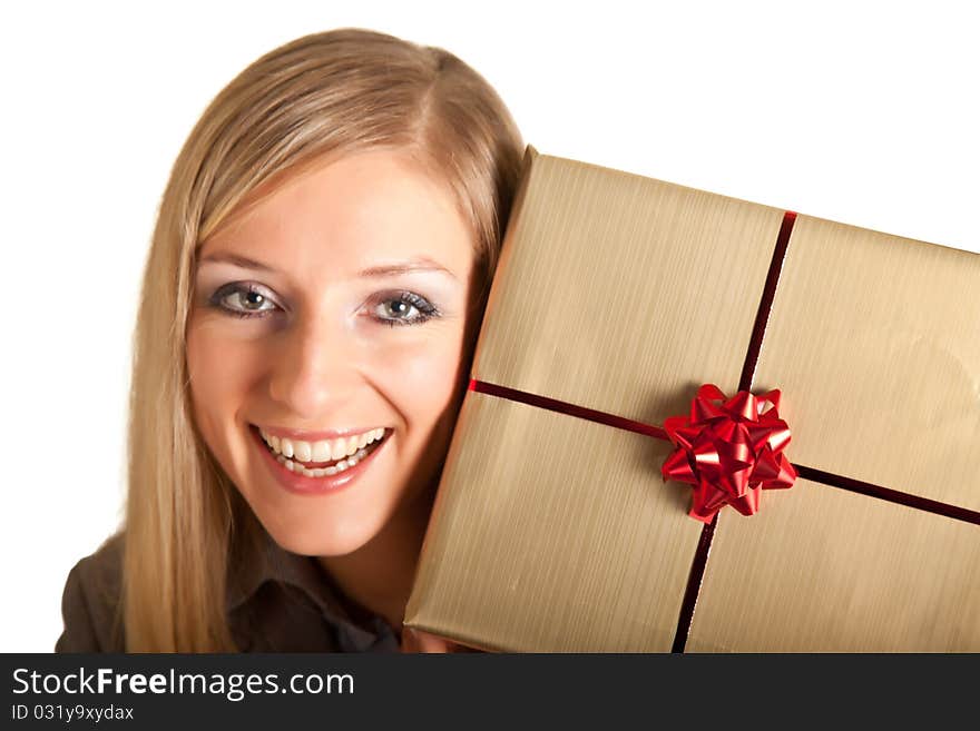 Isolated blond caucasian woman with gifts