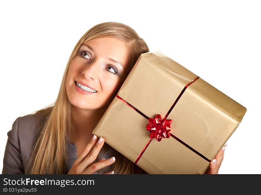 Isolated blond caucasian woman with gifts